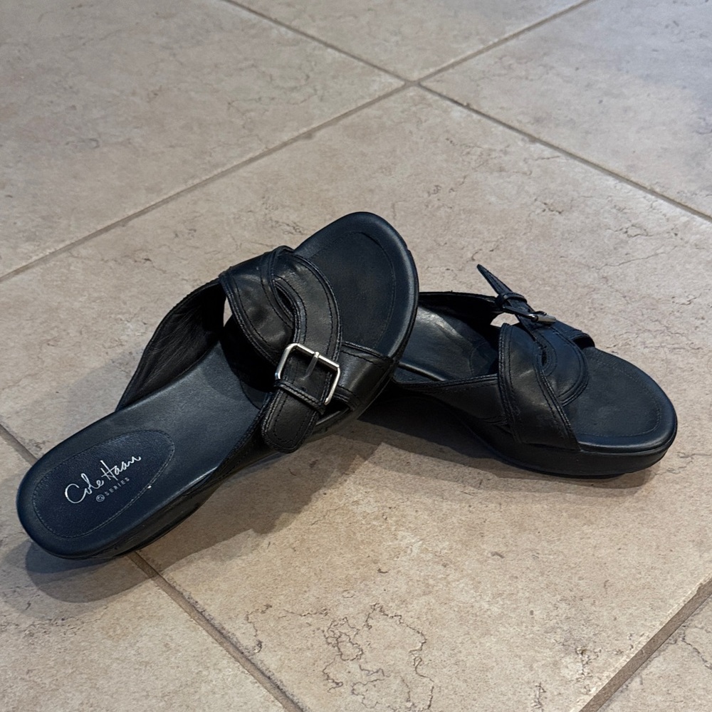 Cole Haan Bike Air G Series Wedge Black Leather Slide Sandals